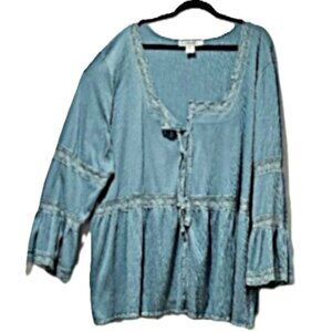 DEMIN24/7 PASTEL TEAL GREEN BOHO LACE LONG SLEEVE PEASANT TOP BLOUSE  6X